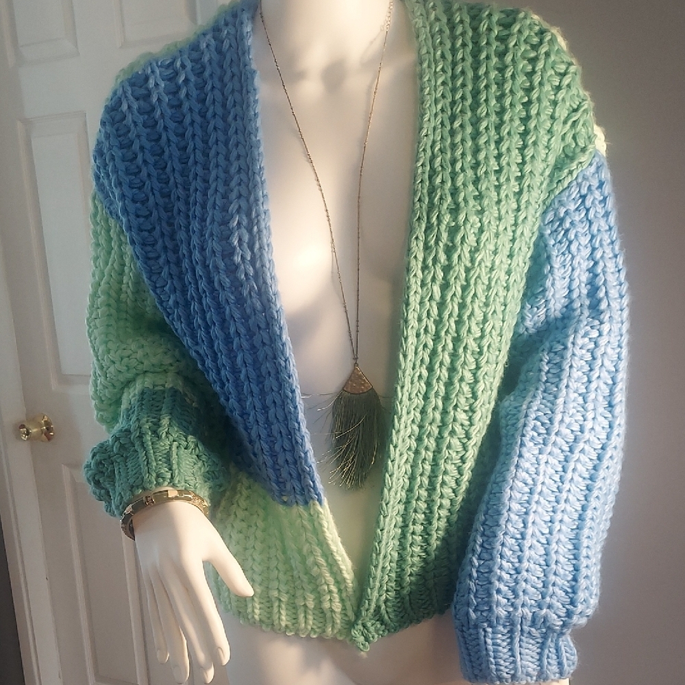 Chunky Knit Cardigan in Blue and Green